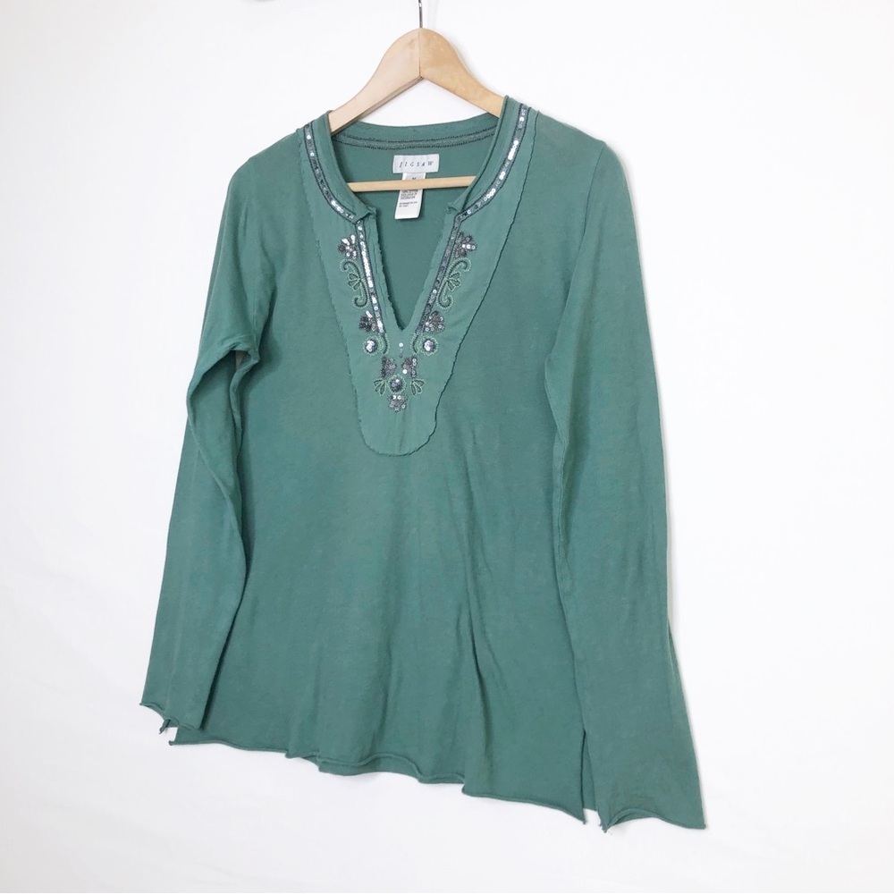 Jigsaw green, long sleeve, V-neck embellish T-shirt - Picture 4 of 7